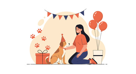 Happy Dog Birthday Celebration With Owner And Party Decorations Concept