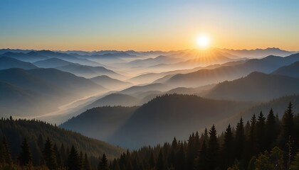 Majestic Sunrise over Rolling Mountain Ranges and Misty Valleys