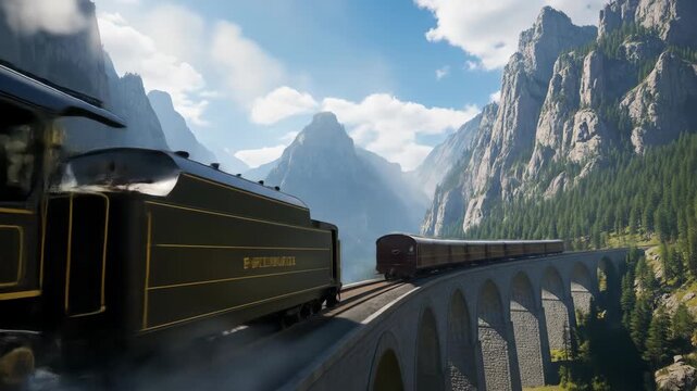 Grand Vintage Steam Locomotive on Stone Arch Bridge Against Majestic Mountain Peaks