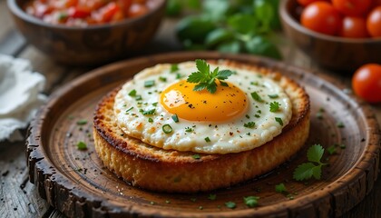 Delicious fried egg on toasted bread with fresh herbs and spices
