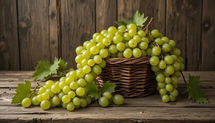 Close-up of Fresh Green Grapes in a Rustic Wicker Basket on a Wooden Table