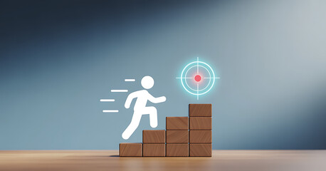 White stick figure climbing wooden blocks towards glowing target on blue background business growth
