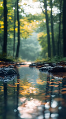 Fototapeta premium Serene autumn forest with water reflections. A realistic photographic background for digital detox and finding peace.
