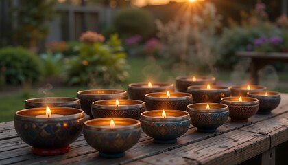 Serene Sunset Garden Scene with Beautifully Decorated Candles in Singing Bowls