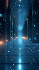 A futuristic technology corridor with glowing blue and orange neon lights, creating a sense of digital innovation and virtual space.
