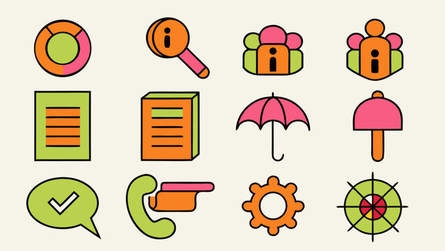 Comprehensive collection of essential informational symbols including help guidance and query graphics presented in a clean modern aesthetic with vibrant color accents