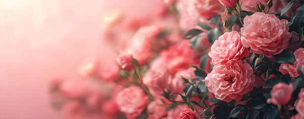 A lush pink rose bush blooming in a sunlit garden, creating a beautiful and dreamy floral background with soft focus