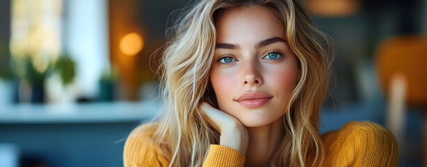 Close-up portrait of a serene and confident young businesswoman with beautiful blue eyes and blonde hair in a modern workspace.
