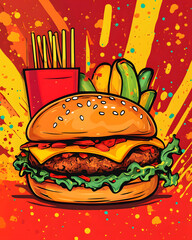A dynamic pop art style illustration of a juicy burger and fries on a vibrant, splattered red and yellow background.