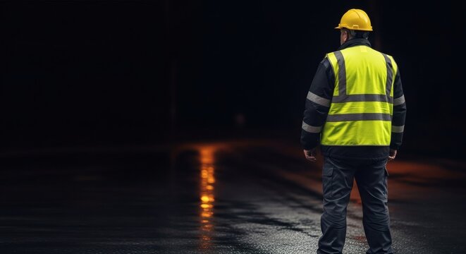 A lone worker in a yellow hard hat and reflective safety vest stands on a wet surface at night.