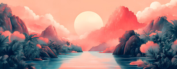 Dreamy panoramic illustration of a tropical river landscape at sunrise with a glowing sun and pastel-colored mountains.
