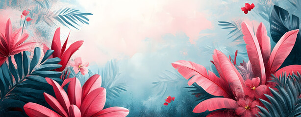 Artistic illustration of a fantasy tropical jungle with exotic pink and teal plants. Beautiful pastel botanical background with copy space.