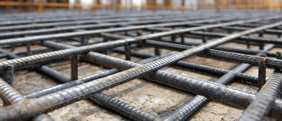 Steel rebar grid laid on a construction site, ready for concrete pouring.
