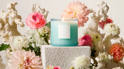 candle in a glass jar with a white label surrond by flowers