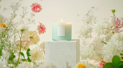 candle in a glass jar with a white label surrond by flowers