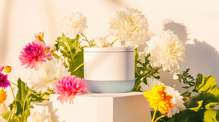 candle in a glass jar with a white label surrond by flowers