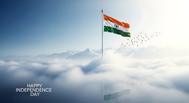 Indian Flag Waving Above the Clouds with Mountain Backdrop for Independence Day India 2025