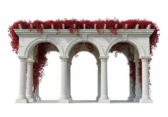 Elegant white marble wedding arbor with red floral decorations isolated on transparent background