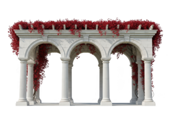 Elegant white marble wedding arbor with red floral decorations isolated on transparent background