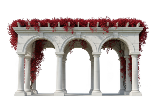 Elegant white marble wedding arbor with red floral decorations isolated on transparent background