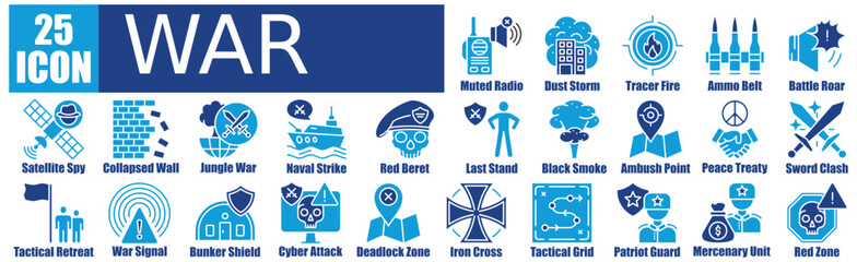 War icon pack dual tone collection set for Iron Cross, Tactical Network, Patriot Guard, Mercenary Unit, Red Zone, Silent Radio, Dust Storm, Tracer Shot, Ammo Belt, Battle Roar, Satellite Spy