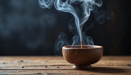 Scenic Close-Up of Incense Stick Burning in Wooden Bowl, Creating Mystical Smoke, Peaceful Atmosphere