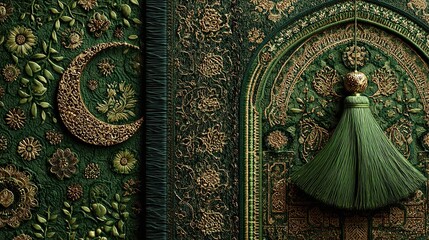  Islamic green prayer mat with ornate design, perfect for Ramadan wallpaper background, featuring traditional motifs and calming colors to evoke a sense of spirituality and celebration