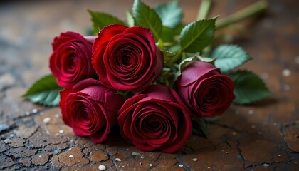 Close-up of Four Deep Red Roses on a Cracked Brown Surface