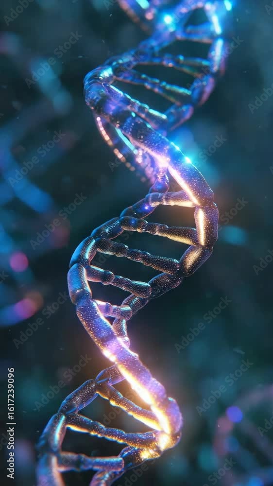 Aufkleber purple and gold bioluminescent dna molecule structure with a bokeh effect in the background.