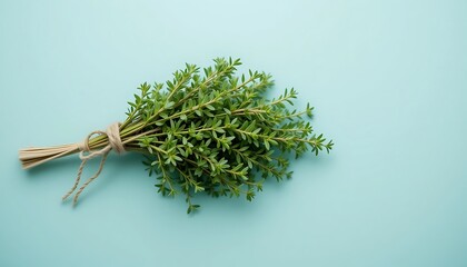 A Fresh Bunch of Thyme Herbs Tied with Twine on a Light Blue Background
