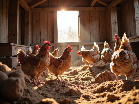 Inside a cozy chicken coop with pecking hens and golden sunbeams — full of barnyard charm.