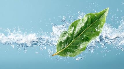 A leaf floating on water, surrounded by splashes, symbolizing nature and tranquility.