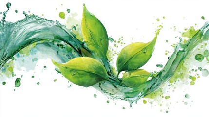 Vibrant green leaves swirl in dynamic water, symbolizing nature and vitality.