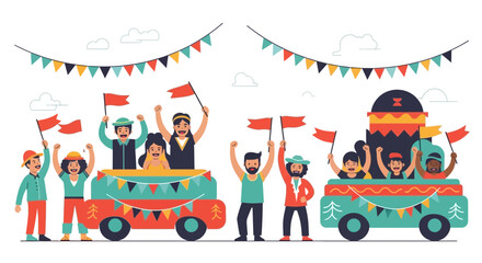 Joyful Crowds Celebrate With Colorful Flags on Festive Parade Floats