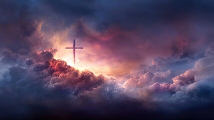 A cross illuminated by sunlight amidst vibrant clouds at sunset.