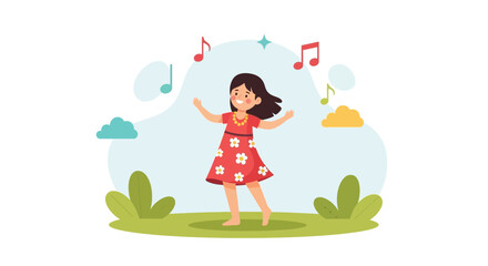 Joyful girl dancing happily in nature surrounded by musical notes illustration