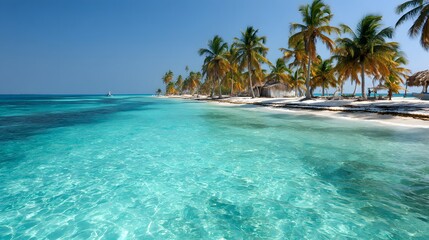 Naklejka premium Tropical paradise beach scene with crystal clear water and palm trees.