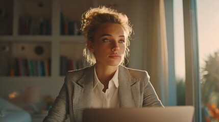 Woman working at a laptop, illuminated by natural light, exuding focus and determination.