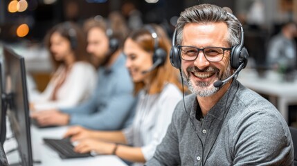 Smiling call center employee wearing a headset with colleagues working in the background.