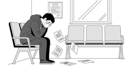 Hopeless Man Sitting In The Waiting Room With Documents Scattered On Floor