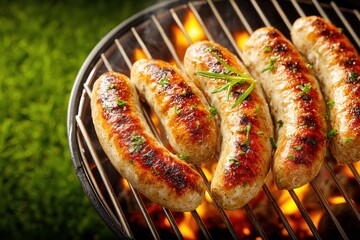 Delicious sausages grilling on a barbecue grill with flames and rosemary, perfect for a summer cookout
