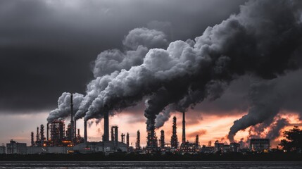 Industrial skyline shrouded in dark smoke, contrasting with a sunset backdrop.
