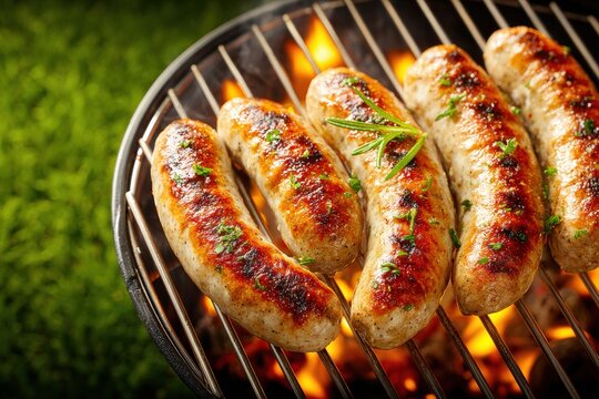Delicious sausages grilling on a barbecue grill with flames and rosemary, perfect for a summer cookout