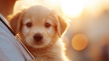 A cute golden puppy being held, bathed in warm sunlight.