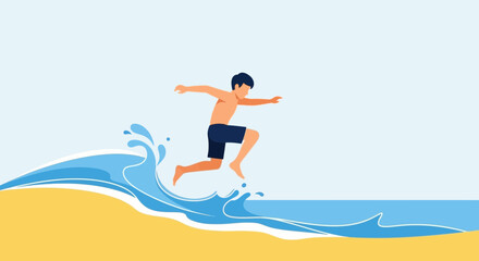 Fototapeta premium Joyful summer vacation scene: Boy jumping over waves on sunny sandy beach