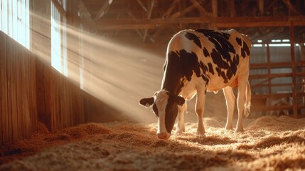 A cow stands in a sunlit barn, surrounded by straw, embodying a peaceful farm atmosphere.