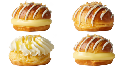 Four Pastries with Cream Filling and Toppings.