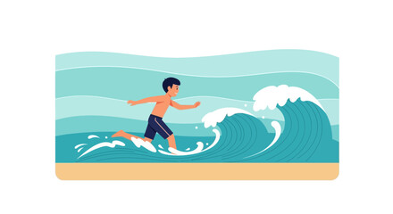 Obraz premium Illustration of a boy running from ocean waves on a sunny day vacation scene