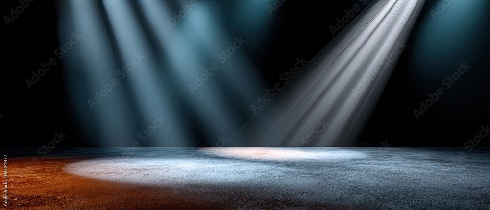 Poster a dark, empty stage floor illuminated by multiple focused spotlights creating dramatic light beams a
