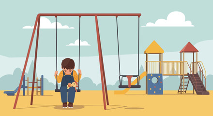 Lonely Boy Sits Sad On a Swing, Depressed Child Holds Toy in Playground